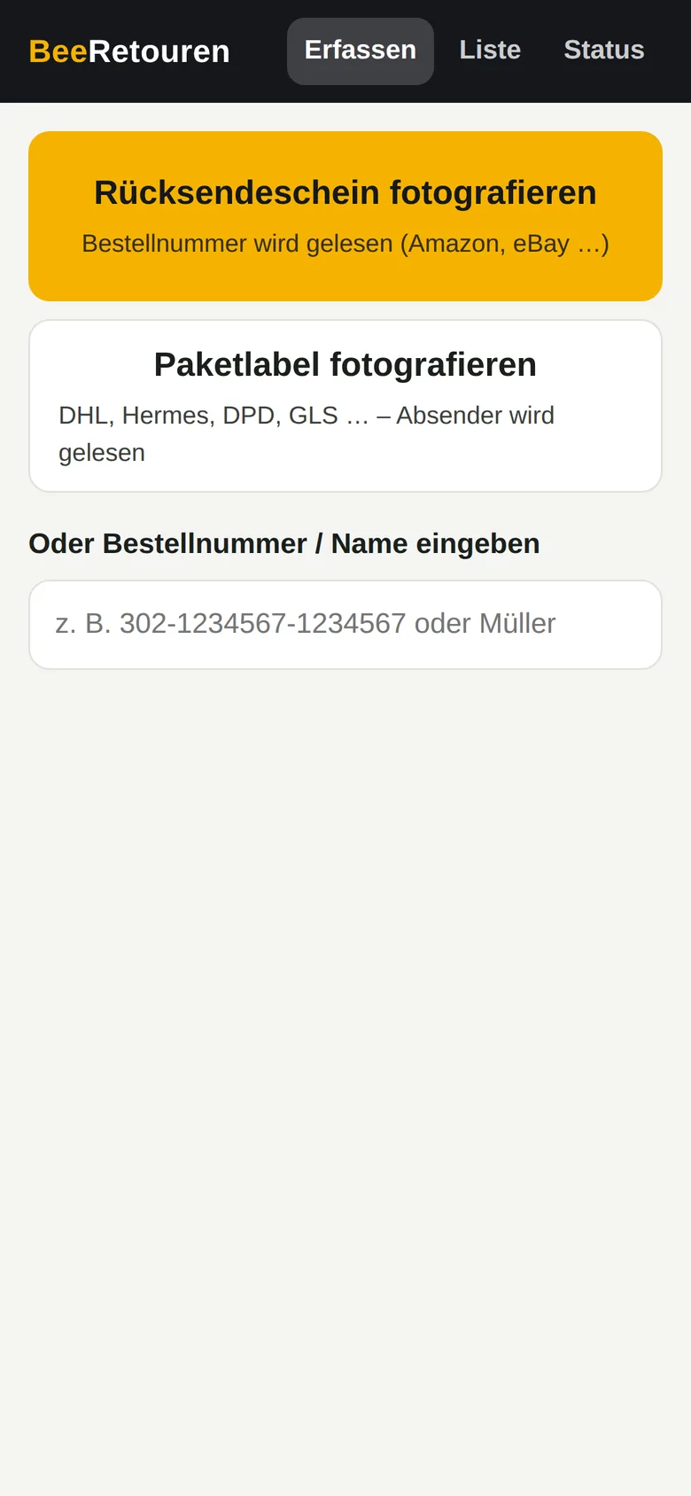 BeeRetouren: Startseite zum Fotografieren eines Retourenlabels