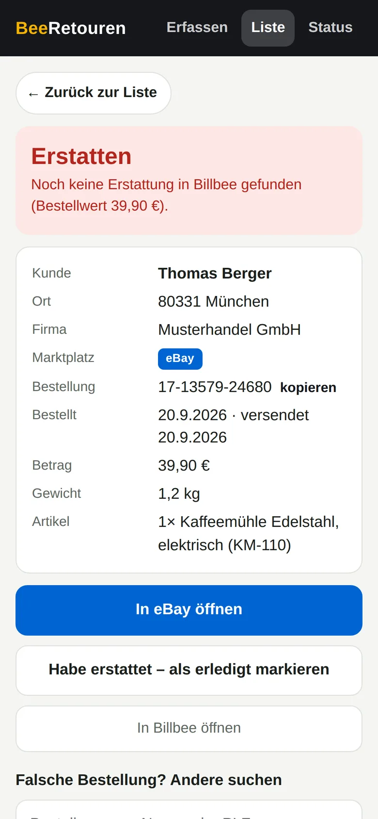 BeeRetouren: Retoure mit Status Erstatten und Knopf „In eBay öffnen“