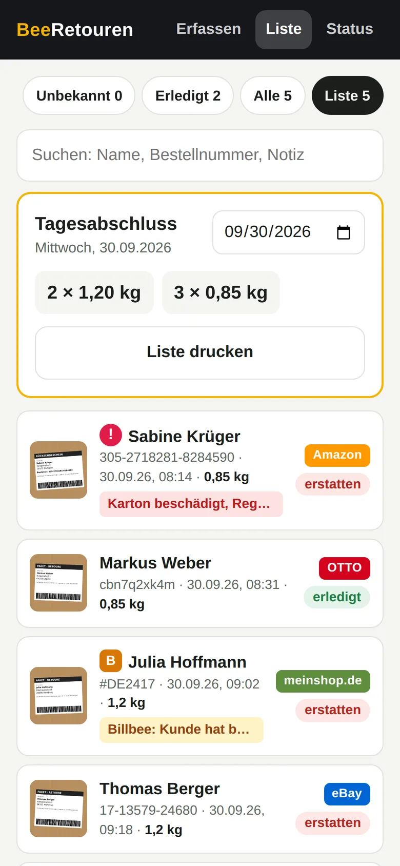 Tagesabschluss mit gruppierten Gewichten